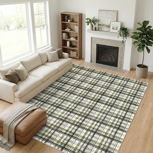 Garvee Washable 8x10 Area Rug for Living Room Non Slip Tartan Plaid Green
