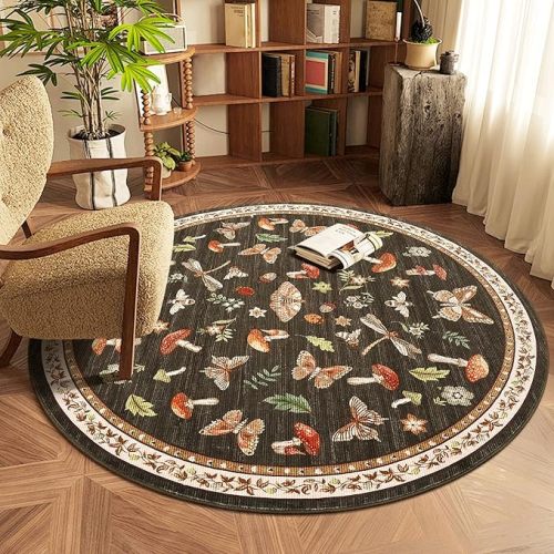 Mushroom Insect 4ft Round Rug Washable Non-Slip Soft Ultra-Thin Small Boho Circle Carpet for Entryway Kitchen Bedroom Nursery Dining Room Brown
