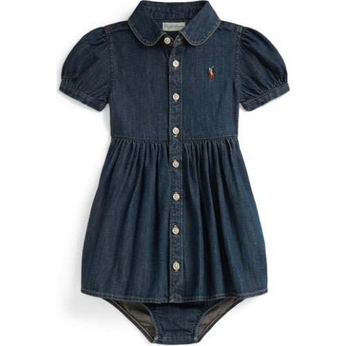 Puff Sleeve Cotton Denim Button-Up Shirtdress with Bloomers, 3M
