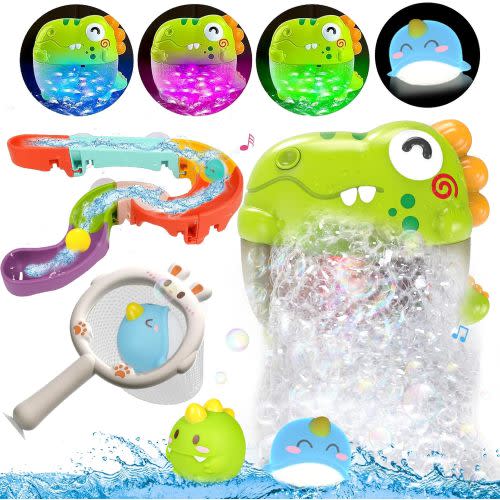 Toddler Bubble Bath Toys, Light Up Bath Bubble Machine Toy for Kids Age 3-5 Baby Bathtub Toy Slide Dinosaur Bubbles Maker with Music Floating Animal Water Toys Boy Girl Birthday Easter Gift
