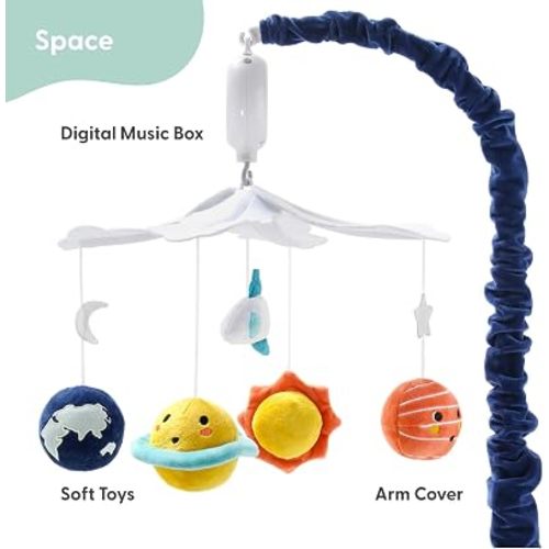 The Peanutshell Crib Mobile for Boys or Girls - White and Dark Blue Musical Baby Crib Mobile with 12 Lullabies, Planets Baby Spectacular Space Nursery Decor