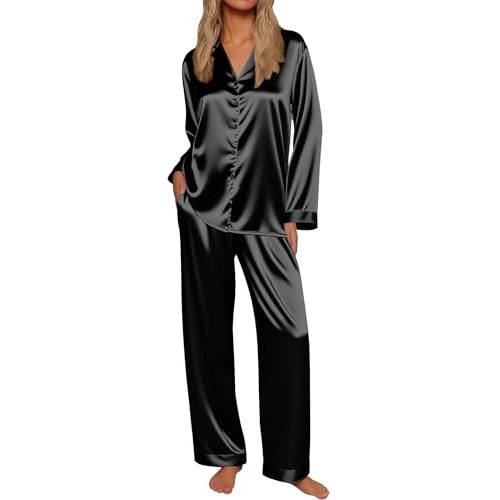 Ekouaer Silk Satin Pajamas for Women Button Down Pjs Set Long Sleeve Loungewear 2 Piece Wide Leg Sleepwear