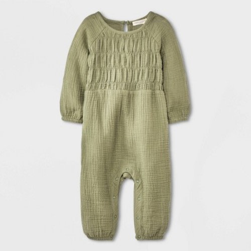 Grayson Collective Baby Girls' Smocked Gauze Bubble Romper - Olive Green 3-6m