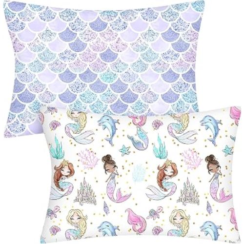 Ganeen 2 Pcs Mermaid Toddler Pillowcase Sized 14" x 19" Fits 12" x 16" or 13" x 18" Cotton Pillow Cover Kids Soft Pillowcase for Travel Girl Boy Infant Sleep(Mermaid)