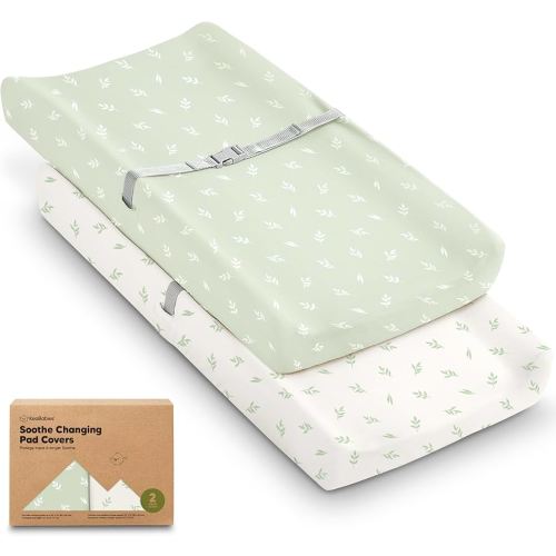 2-Pack Organic Changing Pad Covers for Girl, Boy, Neutral - 100% Cotton Changing Table Pad Cover, Soft Baby Nursery Diaper Changing Pad Sheets, Contour Changing Pads Liners, Change Pad Cover (Herb)