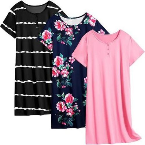 Ekouaer 3 Pack Women's Sleepshirts Soft Sleepwear Short Sleeve T-Shirt Nightgowns Casual Sleepdress Nightshirts Pink&Floral&Stripe XXL