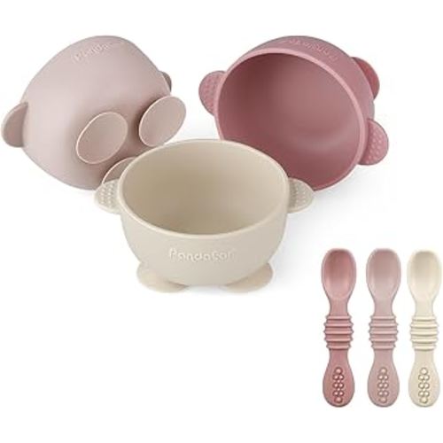 PandaEar 3 Pack Silicone Suction Baby Bowls & 3 Baby Feeding Spoons | Non-Slip Stay Put Bowls & Soft Silicone First Stage Spoons for Toddlers, BPA-Free Baby Led Weaning Set (Pink Rose Linen)