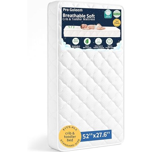Pro Goleem Breathable Crib Mattress, 52”x28“ Dual-Sided Toddler Bed Mattress, 5" Thick Firm Foam & JPMA Certified, Comfort Jacquard Topper, Fits Standard Full-Sized Baby Cribs & Toddler Beds