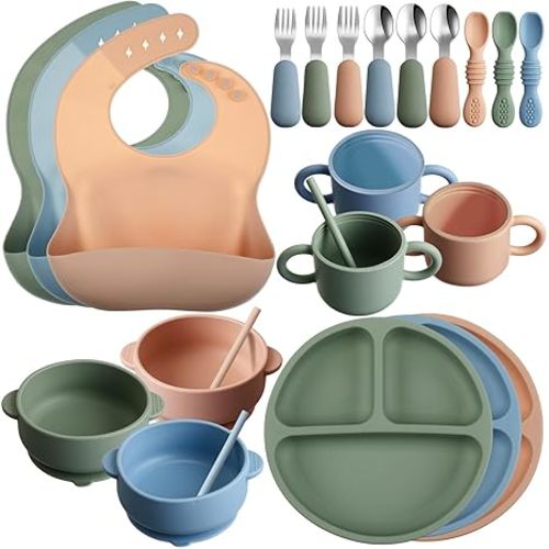 Yinder 24 Pack Silicone Baby Feeding Set Baby LED Weaning Supplies Includes Suction Divided Plates Soft Bowl Spoons Forks Adjustable Bib Snack Cup and Straws(Dark Blue, Gray Blue, Smoky Gray)