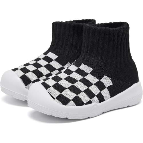 Toddler Sock Shoes Baby Walking Shoes Infant Slippers Boys & Girls Non-Slip Sneakers Black Plaid 12-15 Months