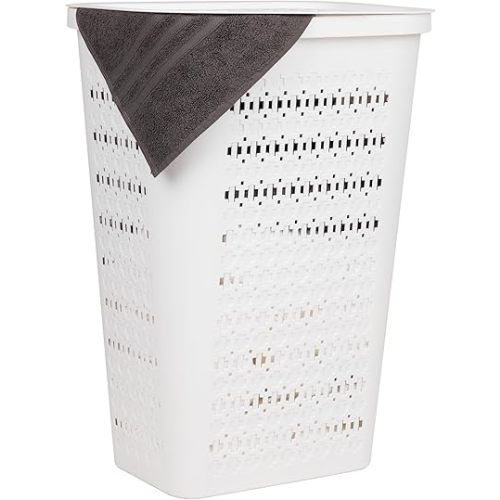 Mind Reader Slim Tapered Laundry Hamper with Lid, Clothes Basket with Swiss Cross Cut-Outs, Lightweight & Ventilated, Plastic, 16.75"L x 12.75"W x 23"H, White