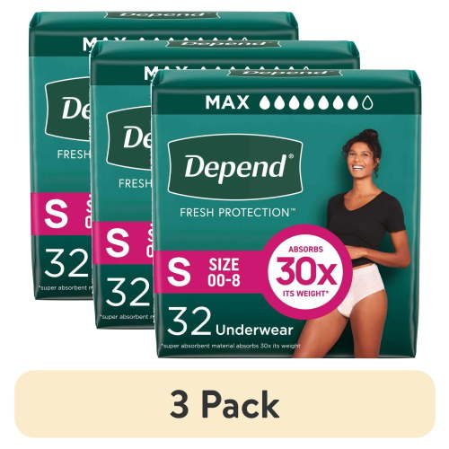 (3 pack) Depend Fresh Protection Incontinence Underwear for Women, Adult Diapers, S, 32 Count