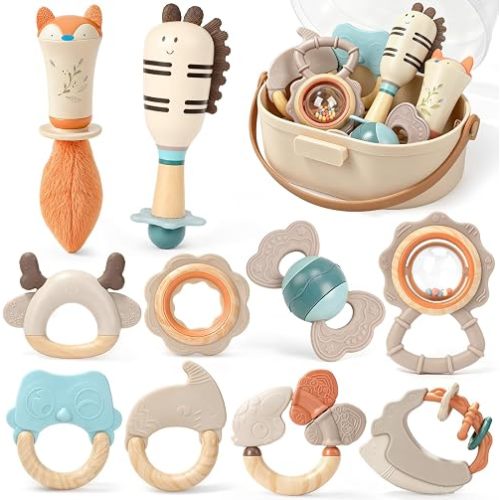 Joyreal Baby Rattles & Teething Toys Set, Baby Toys 0-6 Months, 10-Pack | Food-Grade, Sensory Development, Easy Clean & Sterilize, Teething Relief, Easy Grip, Storage Box, Neutral Newborn Gift