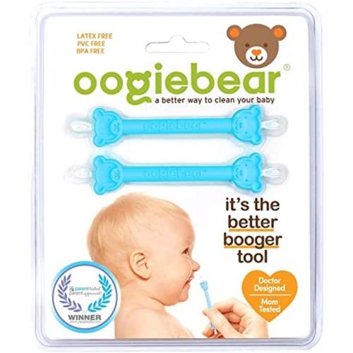 oogiebear Two Pack - Patented Curved Scoop and Loop; Safe Baby Nasal Booger and Ear Cleaner - Baby Nose Cleaner Gadget for Infants and Toddlers. Dual Earwax Snot Removal - Blue (no case)