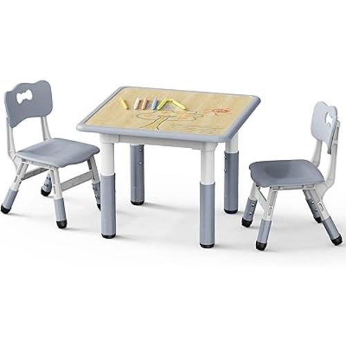 Brelley Kids Table and 2 Chairs Set, Height Adjustable Toddler Desk and Chair Set, Graffiti Desktop, Classroom/Daycare/Home, Children Multi-Activity Table for Ages 3-8