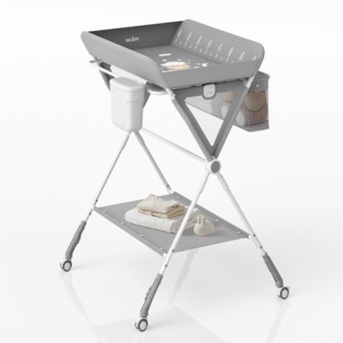 Sejoy Baby Changing Table with Trash Bin, Folding Diaper Changing Station with Wheels, Adjustable Height, Large Storage Rack, Portable Mobile Nursery for Infant and Newborn