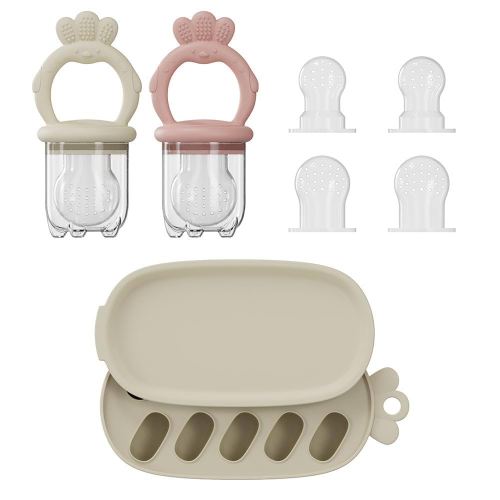 2 Pcs Baby Food Fruit Feeder with Freezer Tray Breastmilk Popsicle Molds Silicone Fruit Feeder for Self Feeding Teething Relief Toys (Pink+Yellow)