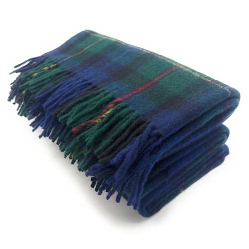 Scottish Wool Smith Tartan Blanket, Green Navy Check, Fringed Knee Throw