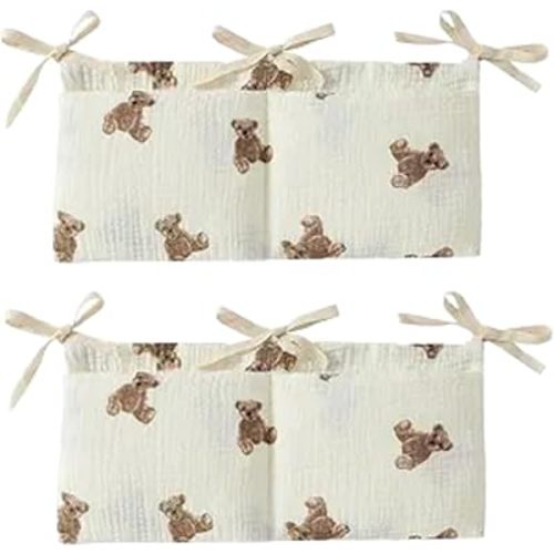 2Pcs White Bedside Hanging Bags Milk Bottle Bib-Storage Crib Organizer Baby Nappy-Dormitory Bed-Bunk Organizing Bag Nappy- Organizer, Little Bear Nursery Hanging Organizers