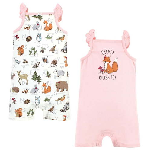Touched by Nature Infant Girl Organic Cotton Rompers, Woodland Alphabet, 6-9 Months