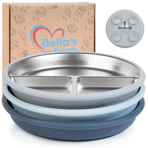 Bella's Friends Stainless Steel Kids Plates 8" Suction Plate for Baby,3 Packs Non-Toxic Divided Toddler Plates,Food-Grade Silicone Plate for Baby,Dishwasher Safe,grey,blue,dark blue