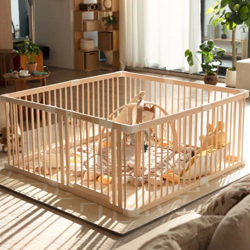 HARPPA Wooden Baby Playpen with Gate, Adjustable Panel Play Yard Fence for Toddlers, 57" x 57" x 24"