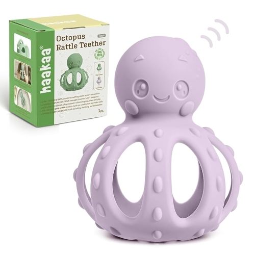haakaa Octopus Rattle Teether,2-in-1 Baby Teething Toy with Gentle Rattle,Soft Textured Teether for Sore Gums,Easy to Grasp Sensory Toy for Babies 3M+,Lavender