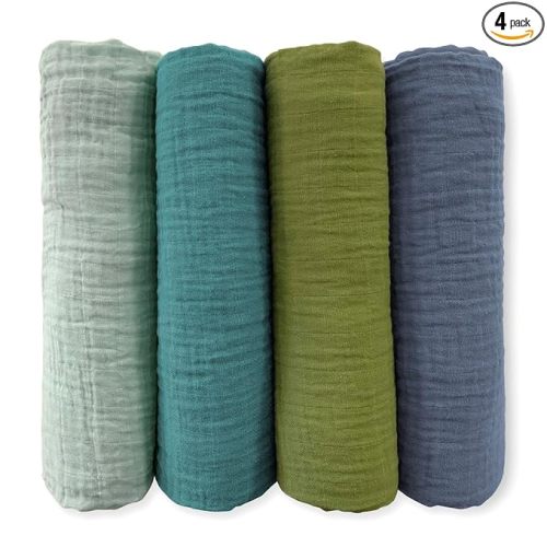SwaddleDesigns Cotton Muslin Swaddle Blankets for Baby Boy & Baby Girl, Set of 4, Neutral Receiving Blankets for Newborn, Baby Registry & Gift, 46x46 inches, Cascadia