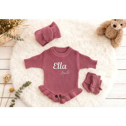 Custom Embroidered Baby Romper, Baby Name Knit Ruffle Romper, Baby Shower Gift, Ruffle Infant Romper, First Birthday Gift, First Xmas Gift