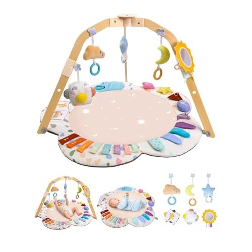 BubblePanda Baby Play Gym & Play Mat with Wooden Frame, Tummy Time Mat with Developmental Activity Zones & Detachable Sensory Toys for Motor Skills & Sensory Development for Baby Toddler