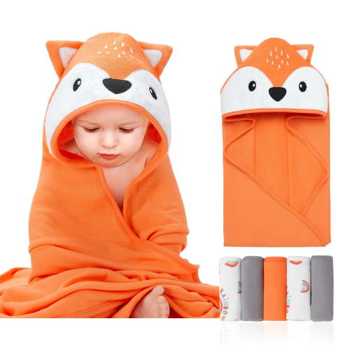 Bullpiano Baby Towel Washcloth Set Fox Hooded Towels with 5 Washcloths Shower Towel Gift for Newborns, Infants,Toddler