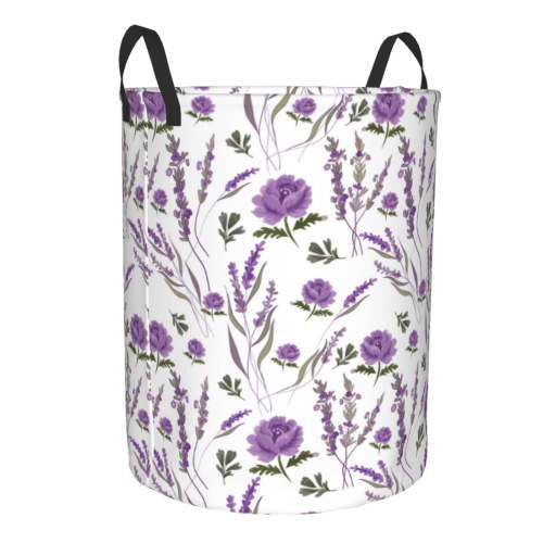 Goofa Lavender Flowers Printed Circular Hamper,Laundry Basket with Handles,Storage Baskets Foldable,Large Capacity Laundry Hamper-Small