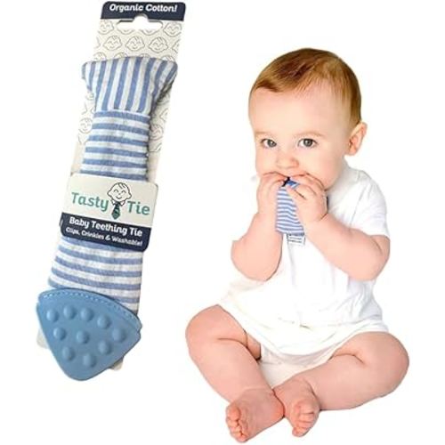 Tasty Tie Teething Tie, 3-in-1 Clip-on Baby Tie Crinkle Toy & Silicone Teether for 3-6-9-12-18 Month Babies | GOTS Certified Organic Cotton | Unique Baby Boy Gift or Stocking Stuffer, Seersucker Style