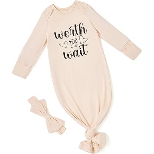 PATPAT Baby Sleeper Gown with Bamboo Viscose for Newborn Girls Boys, Knotted Nightgown with Mittens for Infant Home Coming
