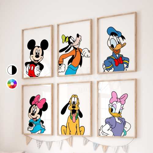 Mickey & Friends Posters Colored or Black and White, Set of 6 Prints, Mickey Mouse Prints, Kids Room Wall Art, Mickey and Friends Prints,