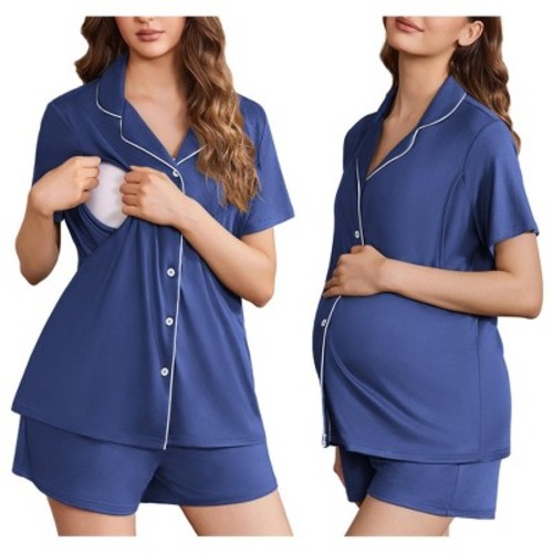 Ekouaer Women's Maternity Nursing Pajama Sets Button Down Postpartum Pajamas Short Sleeve Breastfeeding Clothes&nbsp;Blue&nbsp;L