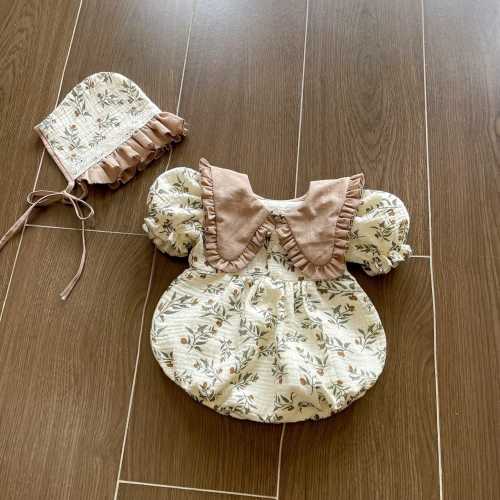 Muslin Baby Romper | Newborn–18 Months | Vintage Baby Girl Romper with Bonnet or Headband | Soft Cotton Summer Outfit