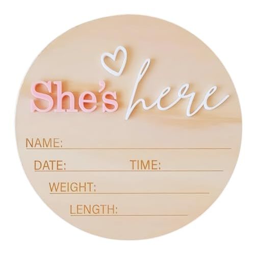 Baby Birth Announcement Sign, ​5.9 Inch Wooden She's Here Newborn Gender Reveal Signs Decoration, Acrylic Hospital Birth Announcement Sign, Newborn Photo Shoot Props,Welcome Newborn Arrival To World