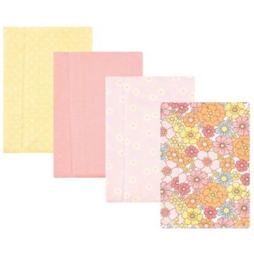 Hudson Baby Infant Girl Cotton Poly Flannel Burp Cloths, Peace Love Flowers 4 Pack, One Size