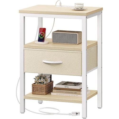 SUPERJARE Nightstand with Charging Station, Bed Side Table with Adjustable Fabric Drawer, Night Stand for Bedroom, 3-Tier Storage End Table, for Living Room, White Maple