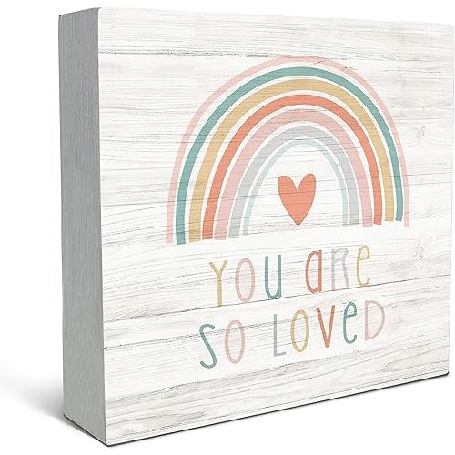 SRADMO You Are So Loved Rainbow Heart Wood Box Sign Desk Decor, Kids Inspirational Quotes Wooden Block Box Sign Decoration For Kids Room Nursery Playroom Shelf Table Decor