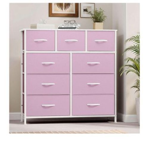 Dresser with 9 Drawers - Fabric Storage Tower, Organizer Unit for Living Room, Hallway, Closets & Nursery - Sturdy Steel Frame, Wooden Top,Pink