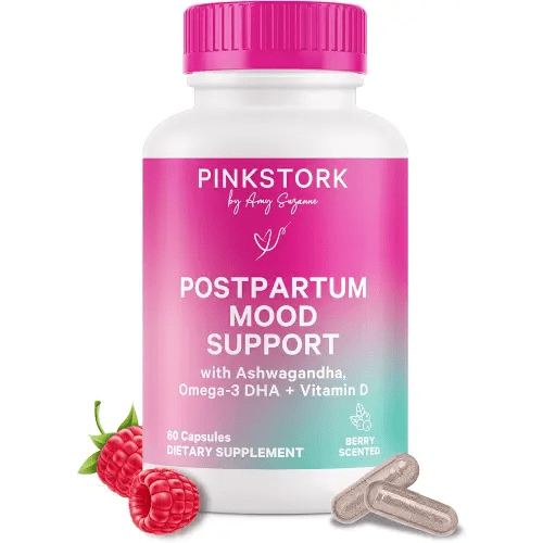 Pink Stork Postpartum Mood Support - Postnatal Hormone Balance for Women - Breastfeeding Friendly - Stress & Cognitive Support, New Mom Essentials - Ashwagandha, Chamomile, & Vitamin D, 60 Capsules