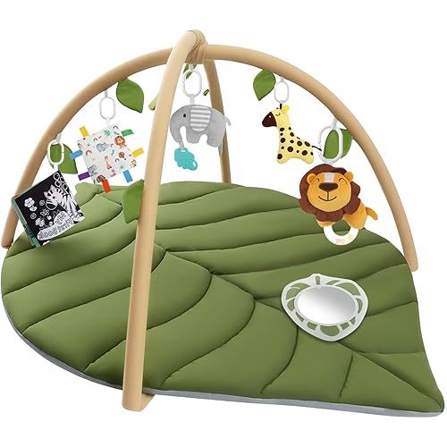 Baby Play Gym Baby Play Mat, Leaf Shaped Baby Mat with 6 Detachable Toys, Tummy Time Mat High Contrast Toys & Self-Discovery Mirror