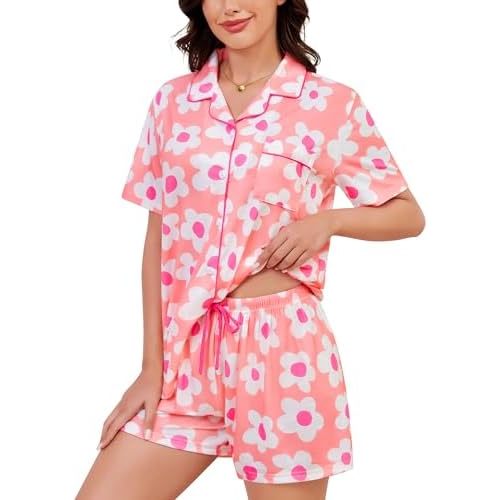 SWOMOG Womens Button Down Pajamas Set Short Sleeve Sleepwear Bride Soft Pj Lounge Sets XS-3XL