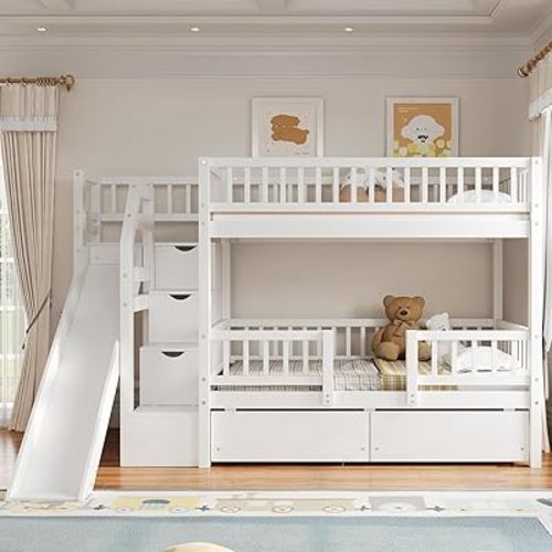 Twin Over Twin Bunk Bed with Slide and Storage Stairs &Drawers, Solid Wood Bunk Bed with Storage Stairs &Drawers,Slide and Guardrails, No Box Spring Needed (White,Twin Over Twin)