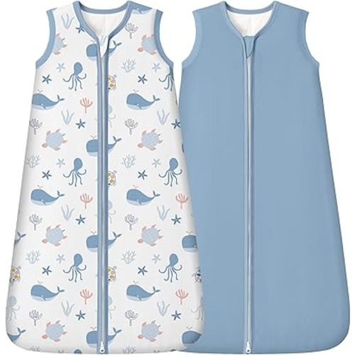 Rayon Made from Bamboo Baby Sleep Sack 6-12 Months, 1.0 Tog Baby Wearable Blanket, Soft Sleeping Bag for Newborn Infant Babies with 2-Way Zipper 2 Pack (Medium) Blue Whale