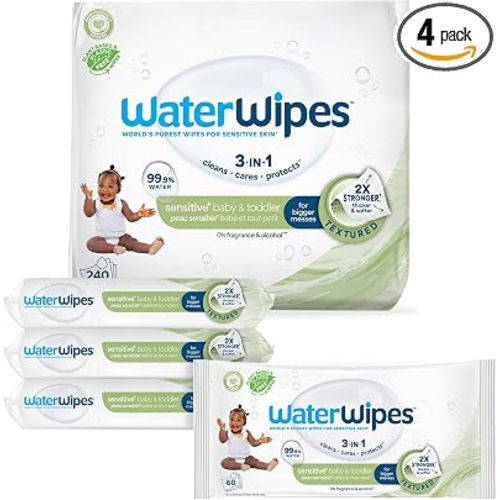 WaterWipes Sensitive+ Baby & Toddler Wipes, 3-In-1 Cleans, Cares, Protects, 99.9% Water, Textured Clean, Unscented & Hypoallergenic, 240 Count (4 Packs)