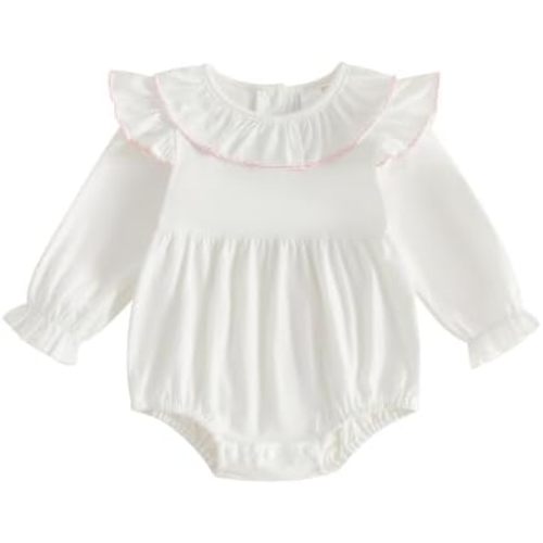 Balaflyie Baby Girl Long Sleeve Bubble Romper Ruffle Collar Plain Bodysuit