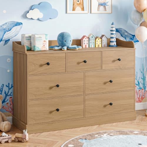 Kids Dresser Cabinet with 7 Drawers, Oak Chest of Drawers | Baby Dresser, Kids Dresser for Closet with Raised Edge for Nursery, Kids Bedroom Furniture for Child’s Room